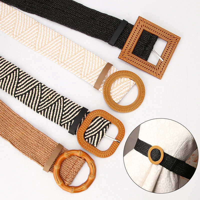 

PP Straw Hand-Woven Waistbands Round Bamboo Buckle Dress Waist Belt Imitation Straw Knitting Wide Belts Bohemia Elastic Belt