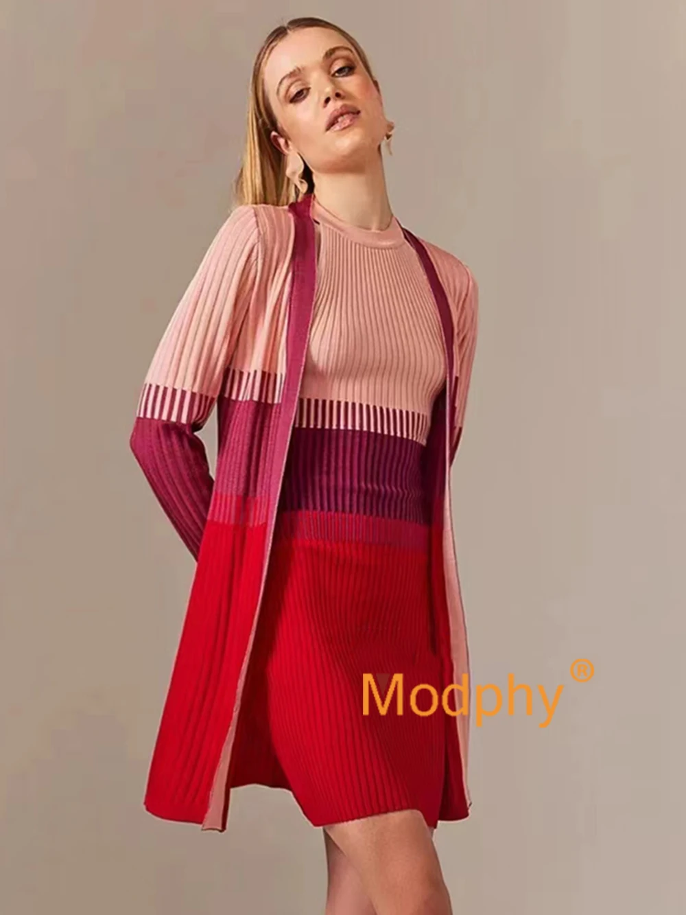 

Modphy Casual Contrast Knitted Dress Sweater Two Piece Set Women's Long Sleeve Cardigan Long Sweater+Sleeveless Tight Mini Dress