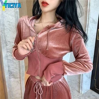 yiciya womens tracksuit casual suit velvet hooded cardigan short coat trousers set of two fashion pieces for women 2022 autumn