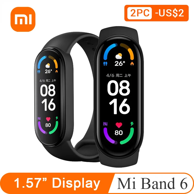 

Браслет подключенный Xiaomi Mi Band 6, 6 видов цветов, спортивный датчик с мониторингом уровня кислорода в крови, Bluetooth, водонепроницаемый, бесплатн...