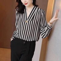 fashion printed v neck button striped chiffon shirt oversized casual tops 2022 autumn new womens clothing office lady blouses