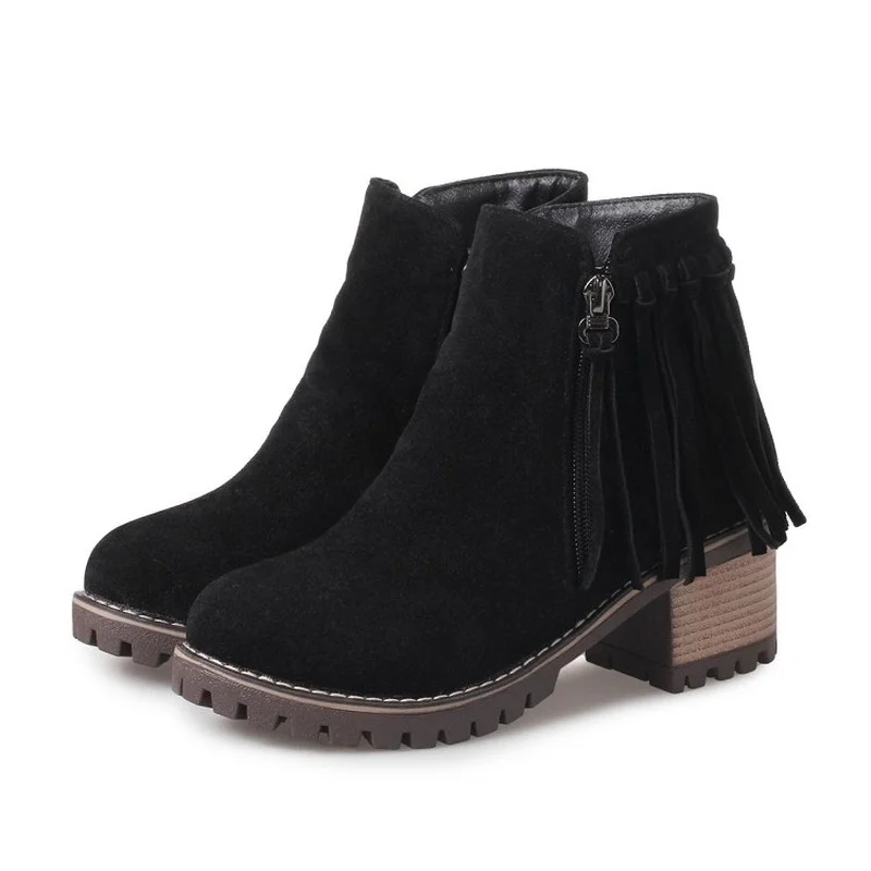 

Tassel Ankle Boots Women Winter Warm Short Booties Ladies Chunky Heels Modern Boots Big Size Grey Platform Shoes