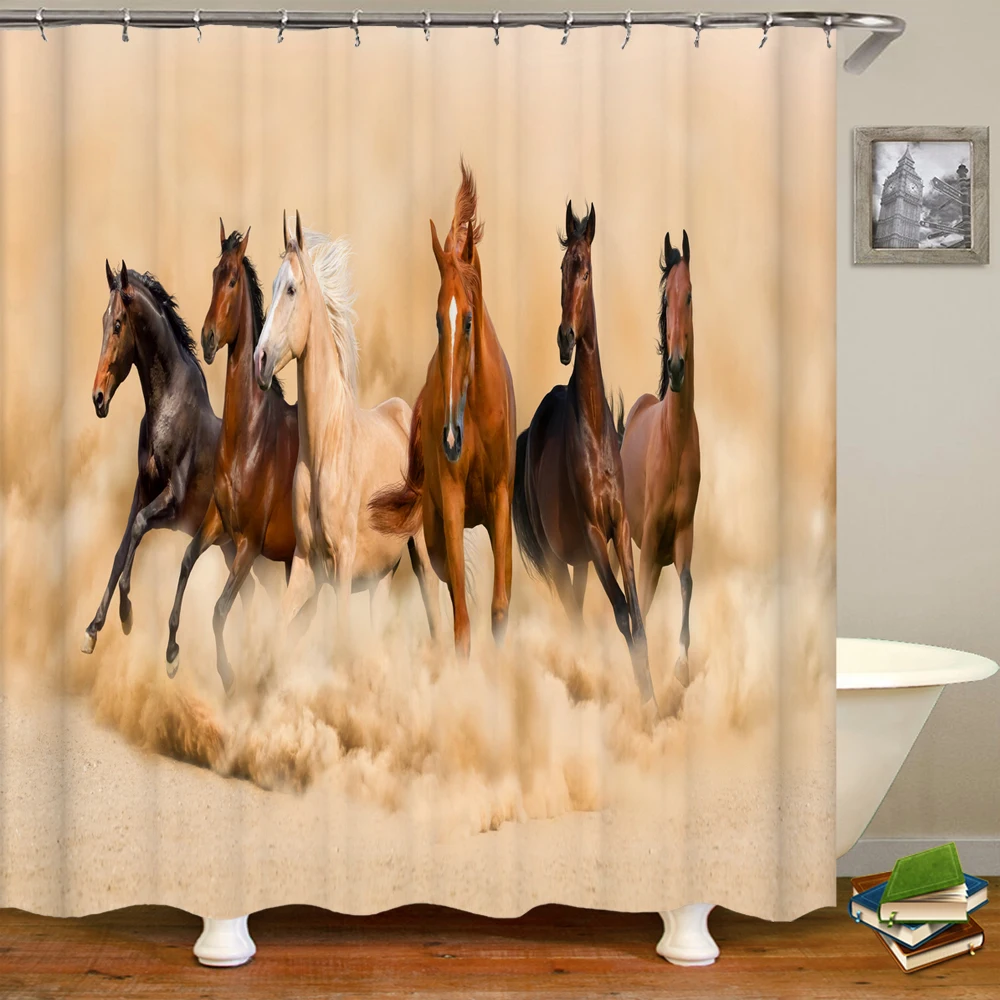 

Funny Wild Animals Equine Shower Curtain Horse Running The Western Desert Themed Pattern Bathroom Decor with Hooks Bath Curtains