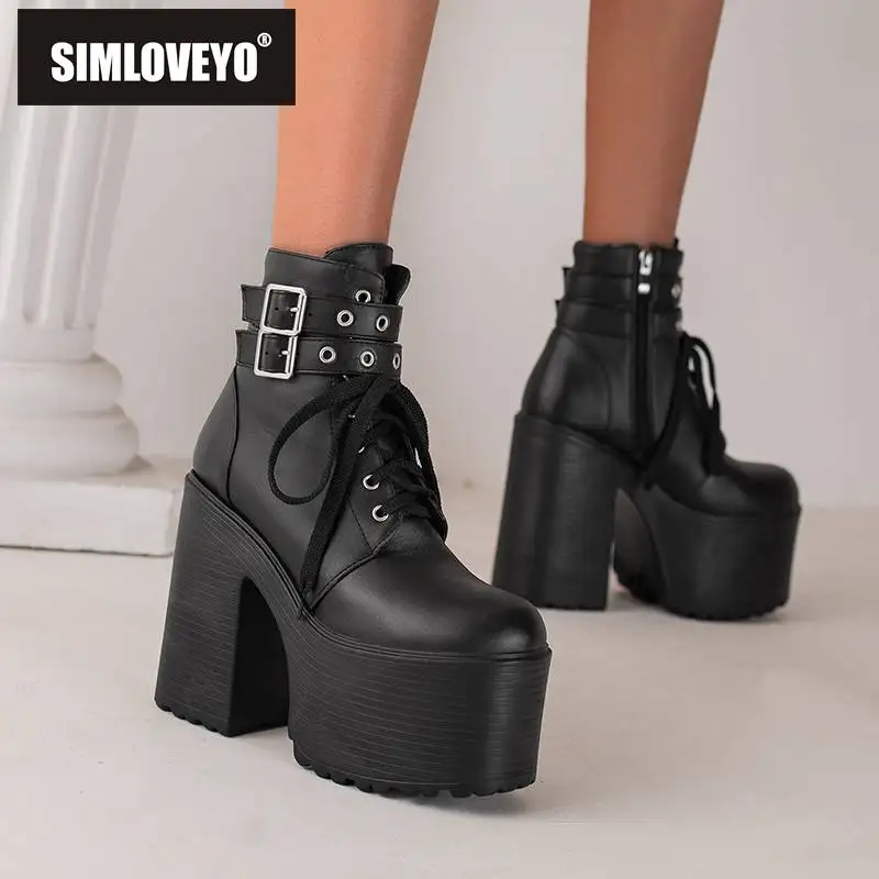 

SIMLOVEYO Brand Shoe Woman Short Booties 12.5cm Round Toe Zipper Lace Up Punk Platform Hill 8cm Super High Heel 14cm Big Size 43