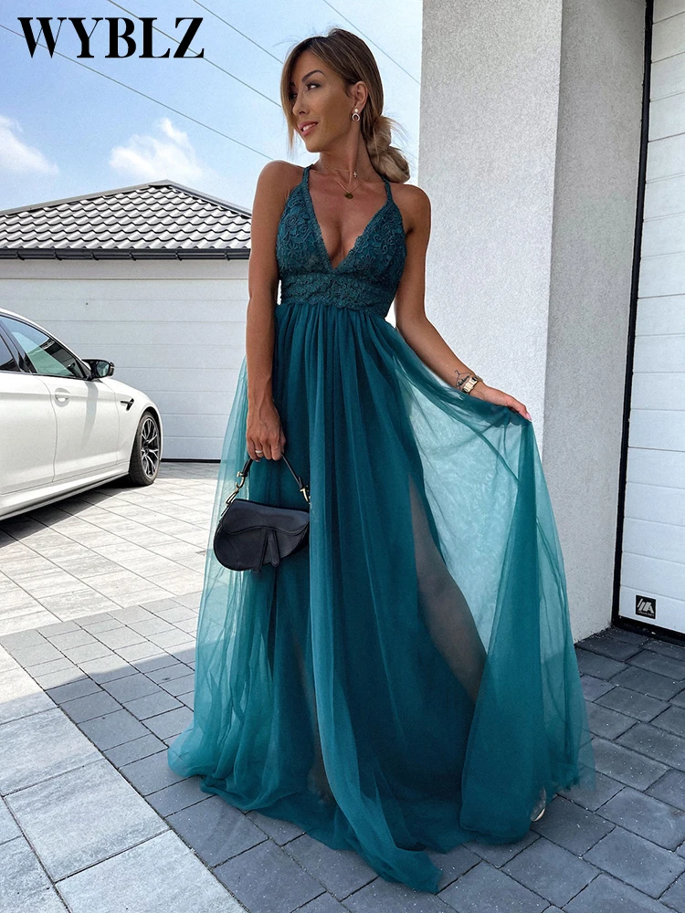 

Женское вечернее длинное платье на бретельках, элегантное однотонное Сетчатое бальное платье до пола с открытой спиной, лето