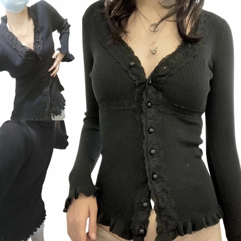 

Women's Long Sleeve Cardigan Lace V Neck Button Down Knit Sweater T Shirt Tops P8DB