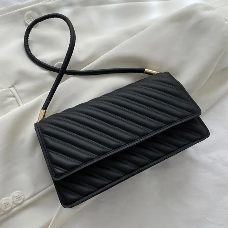 

Solid Color Striped PU Leather Shoulder Square Bags For Women 2022 Small Women's Designer Flap Handbag Trend Female Armpit Bag