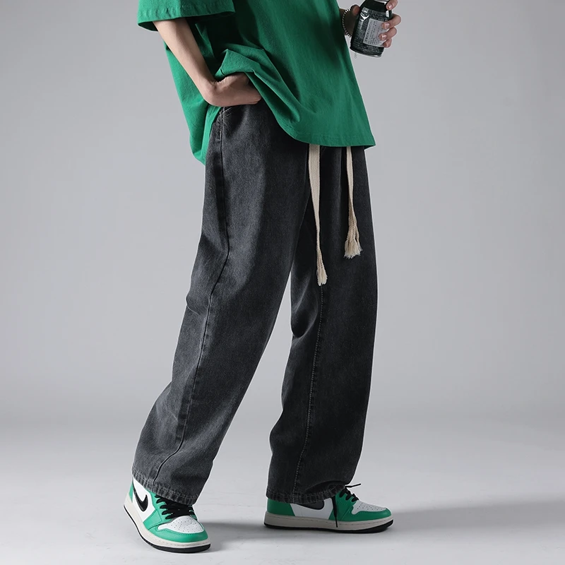 

Men's Jeans Fashion Loose Straight New Casual Wide Leg Pants Mans High Street Korean Drawstring Trousers Male Simple Denim Pants
