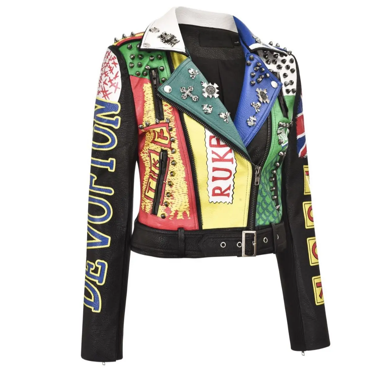 Women's autumn and winter new street rock punk pattern printing personality metal badge rivets short leather jacket spot