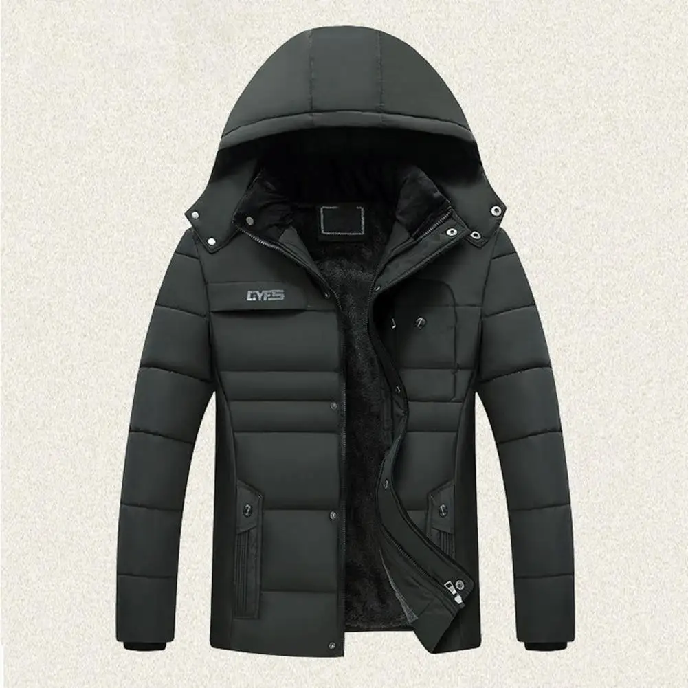 Men Hooded Coat Cotton Padded Plush Lining Solid Color Windbreaker Plus Size Cold Proof Hood Jacket Outwear Streetwear