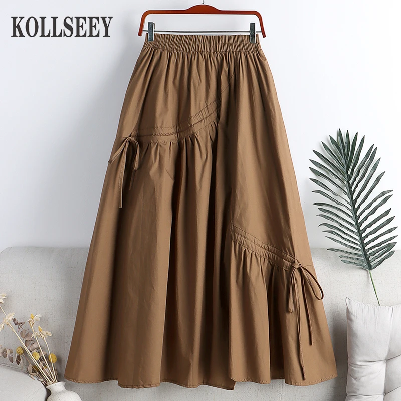 

Лидер продаж, брендовая модная юбка KOLLSEEY из хлопка и льна, однотонная длинная юбка, широкие женские юбки