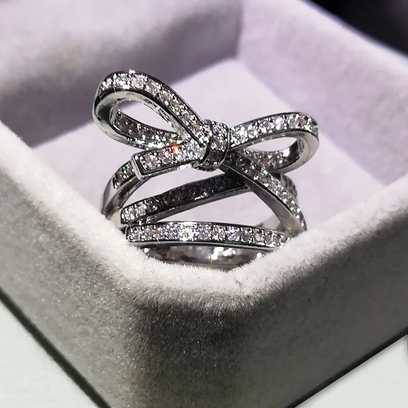 Silver Plate Female Ring Rope Knot Bow Knot AAAA Cubic Zirconia Fine High-end Jewelry Wedding Bridal Ring Moissanite Ring