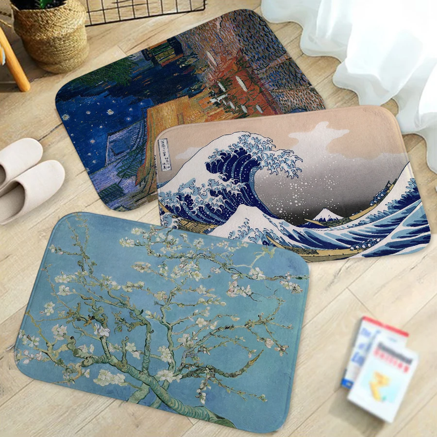 

Van Gogh Art Paintings Door Mats Coral Velvet Carpet Retro Starry Night Printing Entrance Indoor Floor Mat Non-slip Doormat Rug