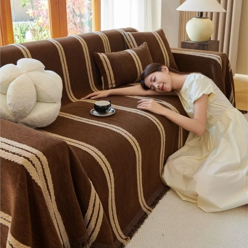 Чехол для дивана домашний коврик из синели в полоску пледы всесезонное одеяло