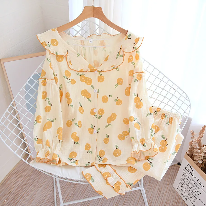 

Korean Girl Pajamas Set Cotton Crepe Edible Tree Fungus Lapel Bedgown Spring Autumn Thin Long-sleeved Trousers Cute Home Service