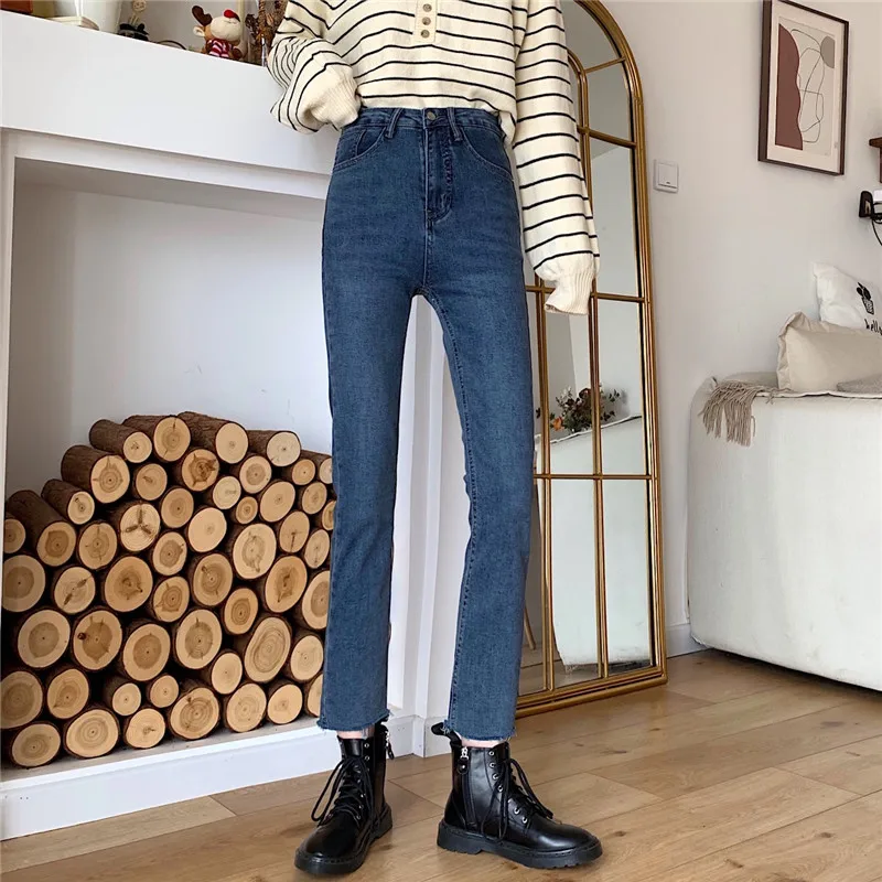 N2652    New retro Hong Kong flavor high-waisted slim design button stretch pipe nine-point jeans