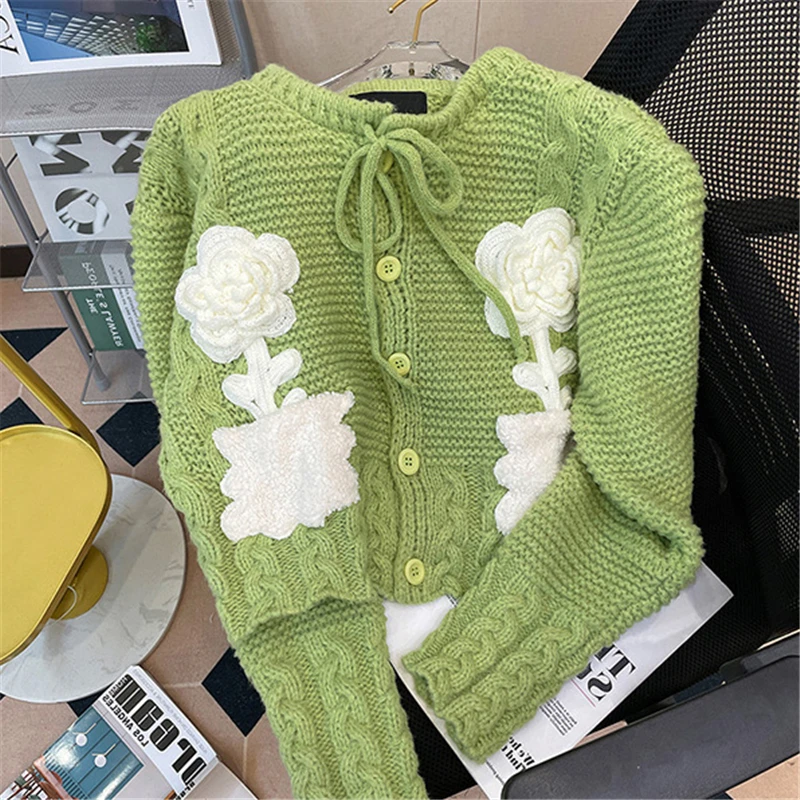 

Женский короткий вязаный кардиган, однобортный короткий свитер с длинными рукавами и трехмерными цветами, на шнуровке, осень 2022