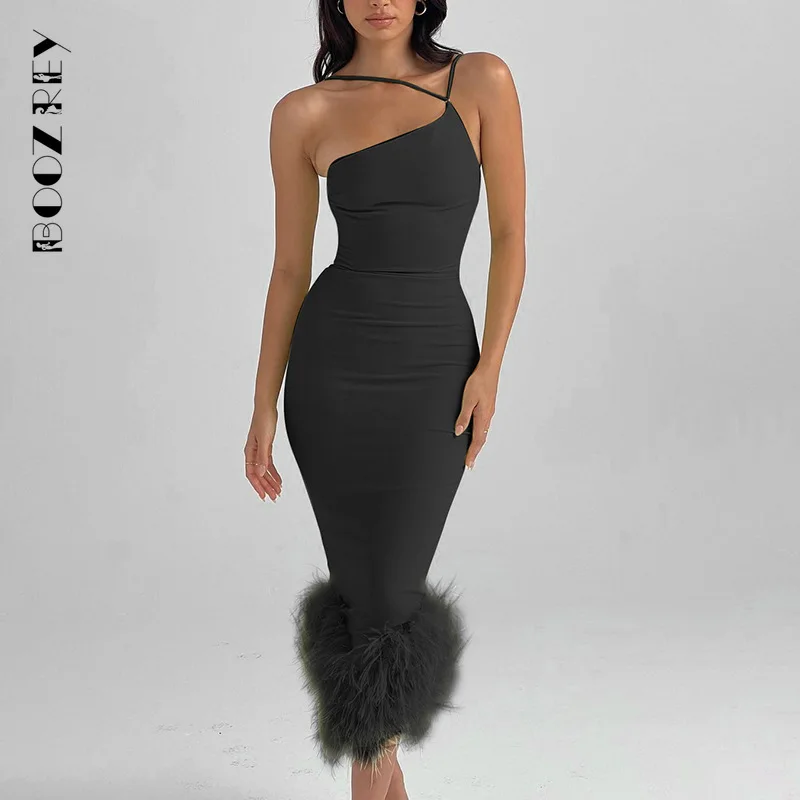 

BoozRey One Shoulder Halterneck Midi Dresses for Women 2022 Summer Sleeveless Feather Pendulum Club Party Fashion Sexy Dress