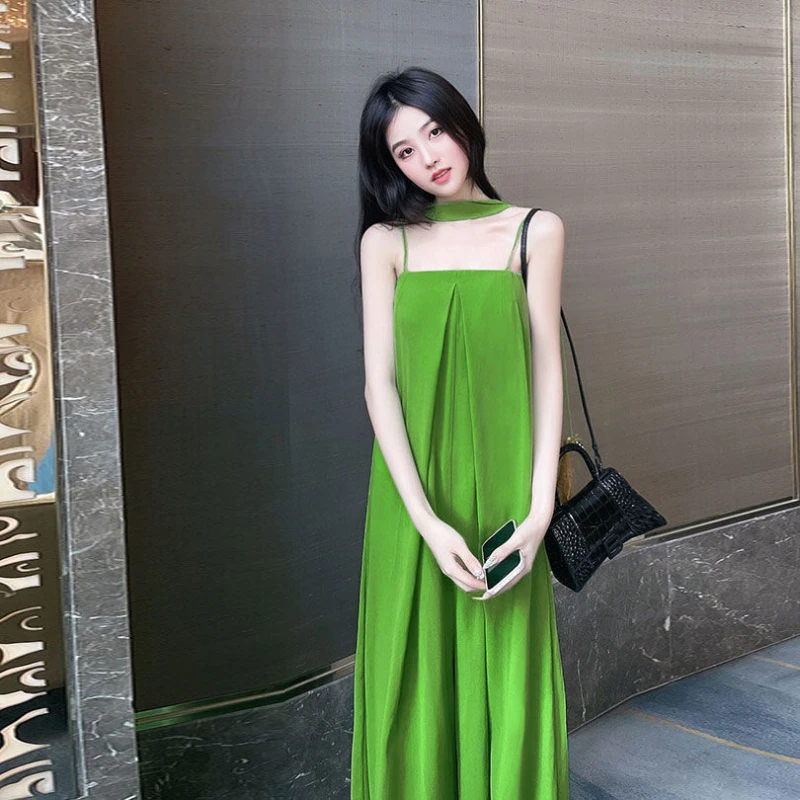 

2022 Goddess high waist wide leg culottes for women summer hanging temperament beach party Chinese style halter belt culottes