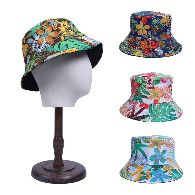 

Popular Bucket Hats Bulk Tropical Style Banana Leaf Coconut Tree Floral Print Fisherman Sun Hat