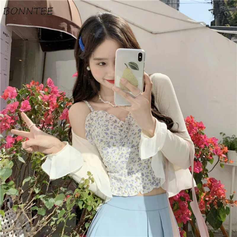 

Sets Women Lovely Solid Ins Popular Sweet Schoolgirl Summer Jacket Camisole Inside Outfits Casual Student Preppy Style Tender