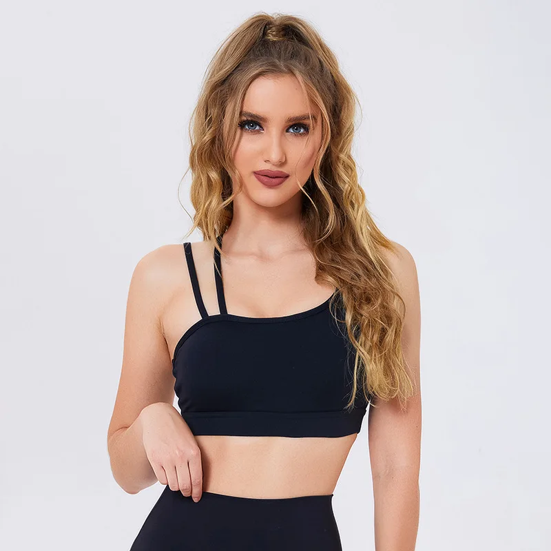 Sports Yoga Tops Bras for Women One Shoulder No Steel Ring Gathered Bra Fitness Running Yoga Vest Push Up Sportswear Underwear