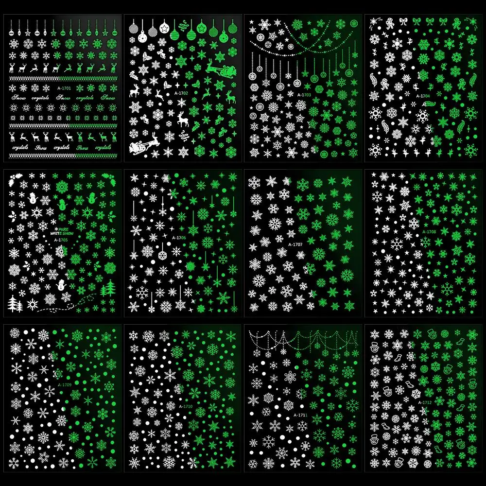 

12/30pcs3D White Snowflakes Slider Manicure Sticker Luminous Glowing in Dark Decoration Winter Embossed Design Adhesive Decals *