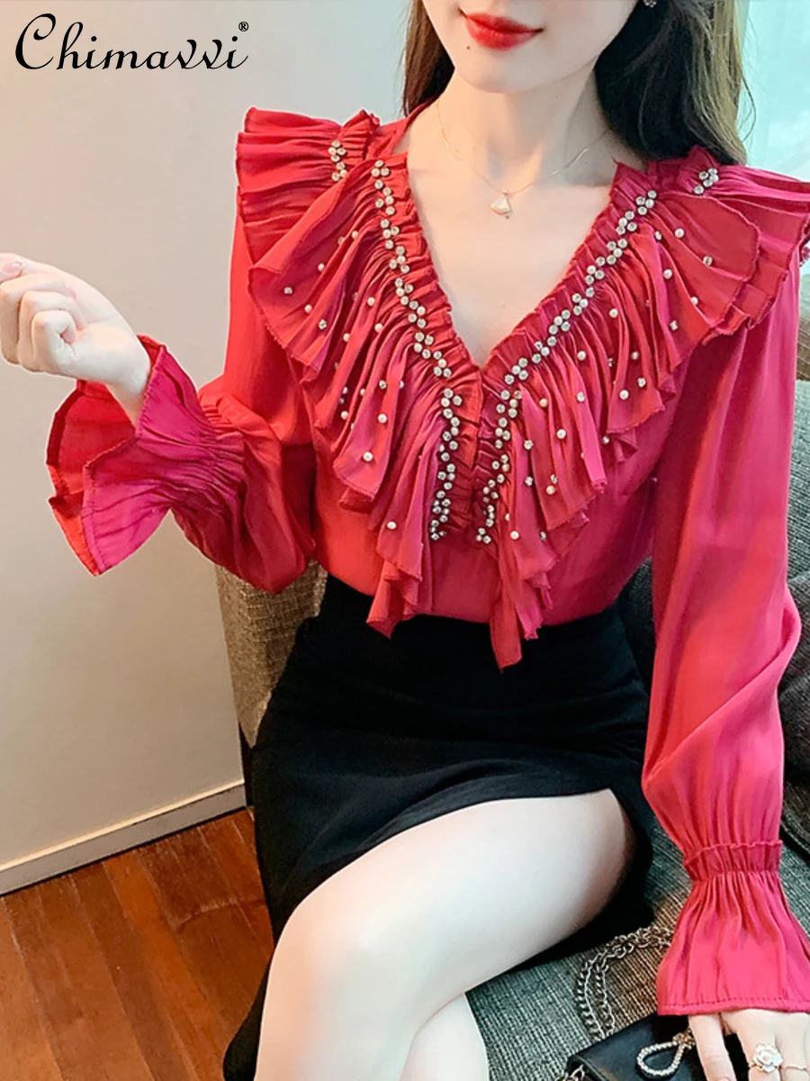 

2022 Autumn Clothes New Fashion V-neck Flounce Beaded Long-sleeved Shirts Loose Thin Elegant Blouse Women's Top All-Matching