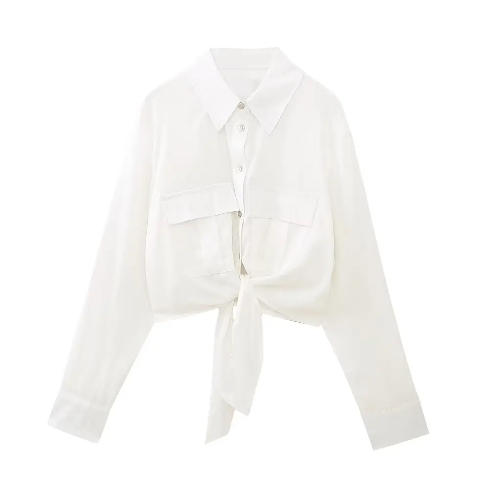 

Женская короткая блузка на пуговицах, винтажная блузка с длинным рукавом, украшенная узлом, 2023