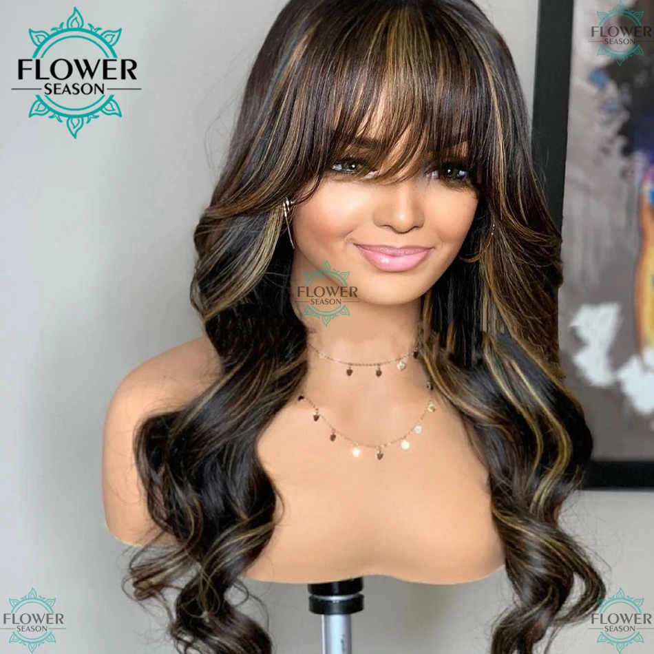 Highlight Wig Body Wave Human Hair Wig With Bangs 180% Brazilian Remy Human Hair Fringe Blonde Wig Scalp Top Full Machine Wigs