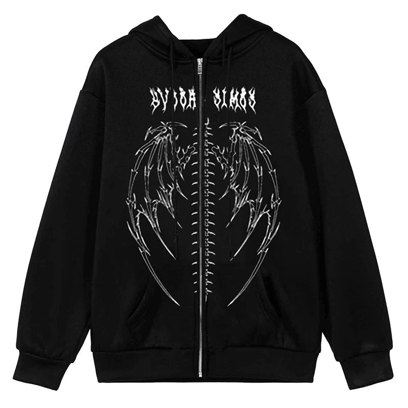 

Y2K Skeleton Print Hoodies Women Gothic Zipper Pocket Oversize Hooded Sweatshirts Female Casual Harajuku Streetwear Jacket Coats