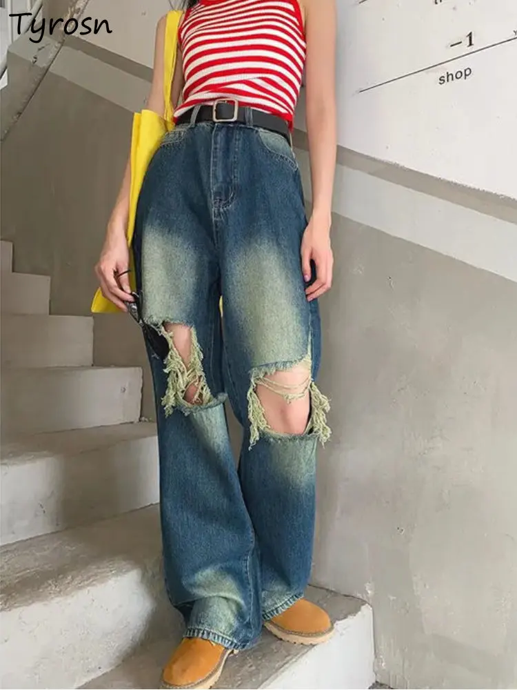 

Женские джинсы, свободные универсальные индивидуальные летние джинсы в стиле ретро с дырками, уличная одежда для студентов, повседневные с...