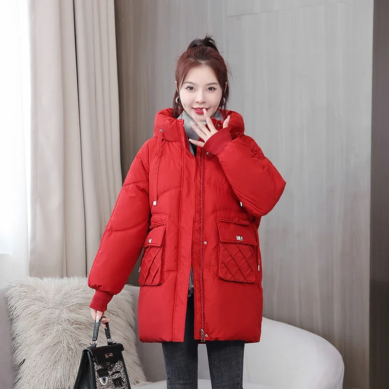 

Новая зимняя плотная теплая Женская парка корейские модные куртки для женщин повседневные однотонные черные пальто с капюшоном парка средней длины
