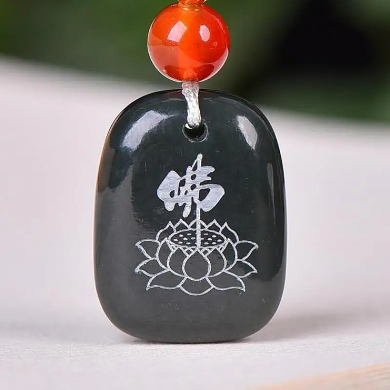 

Natural Green Jade Buddha Lotus Pendant With Rope Chain Hetian Jades Nephrite Buddhist Amulet Fengshui Charms Necklace Women Men