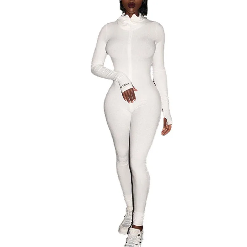 Casual Long Sleeve Letter Embroidery Skinny Sexy Playsuit Jumpsuit Women Turtleneck Sport Women's Fitness Sportswear Rompers