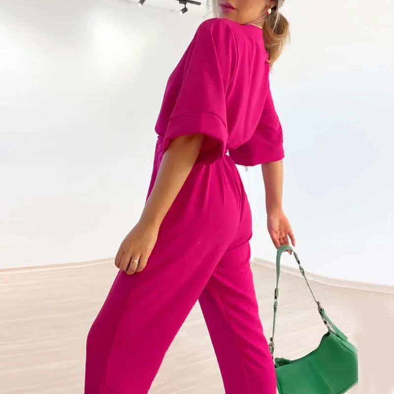 Casual Overalls for Women Jumpsuit V Neck Bandage Short Sleeves Straight Pants Playsuit Summer Lady One Piece Elegant Jumpsuits