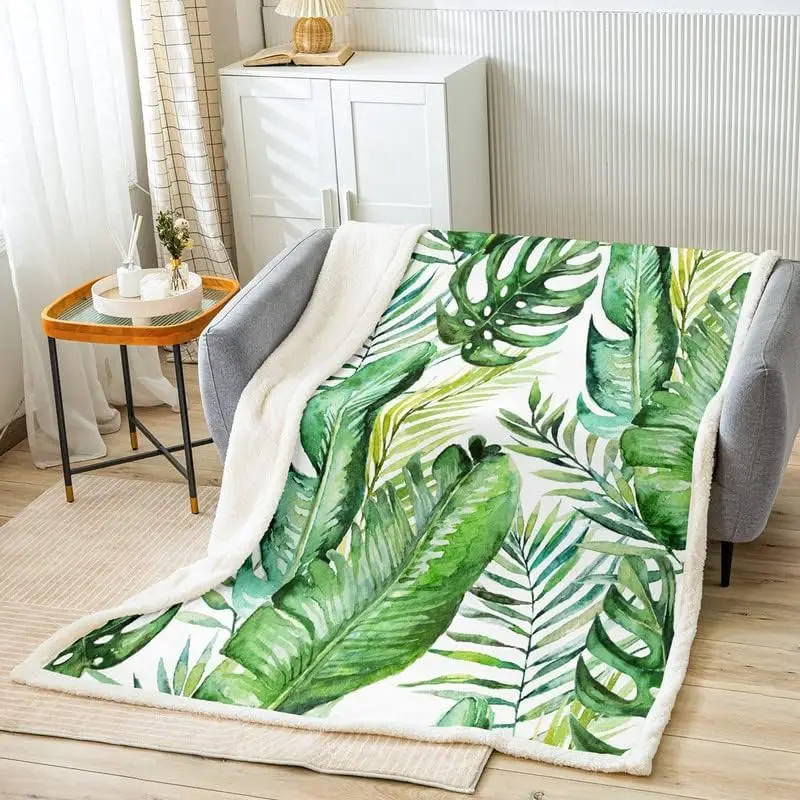 

Tropical Leaves Sherpa Blanket Leaf Pattern Fleece Throw Blanket for Bed Sofa Couch Kids Botanical Leaf Pattern Plush