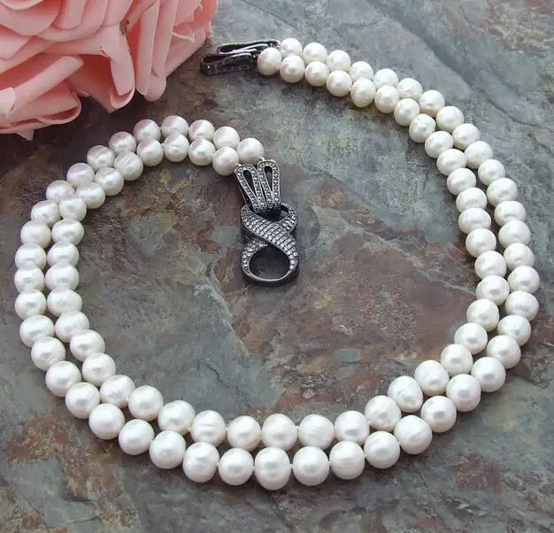 Charming 2row 10-11mm White Pearl Necklace CZ Clasp