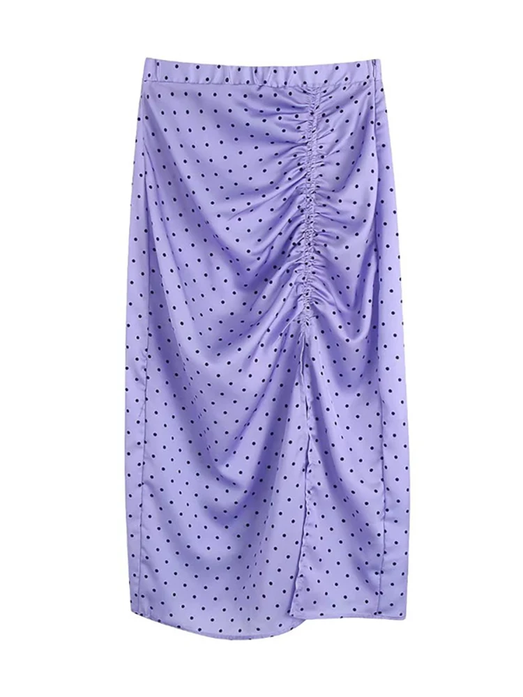 

Evfer Chic Lady Polka Dot Print Fashion Front Pleated Long Skirts Womens Spring High Waist Purple Straight Slit Skirt Femme