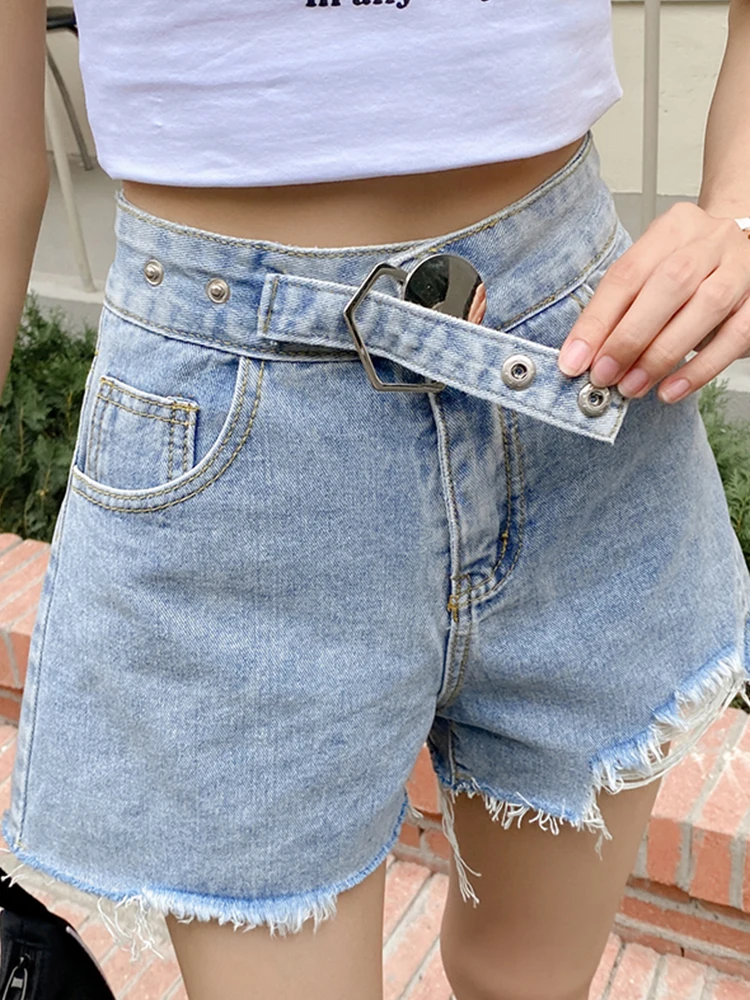 Streetwear Women Loose Hole Frayed High Waist Blue Denim Shorts Spring Summer Female Raw Hem Jeans Shorts Bottoms