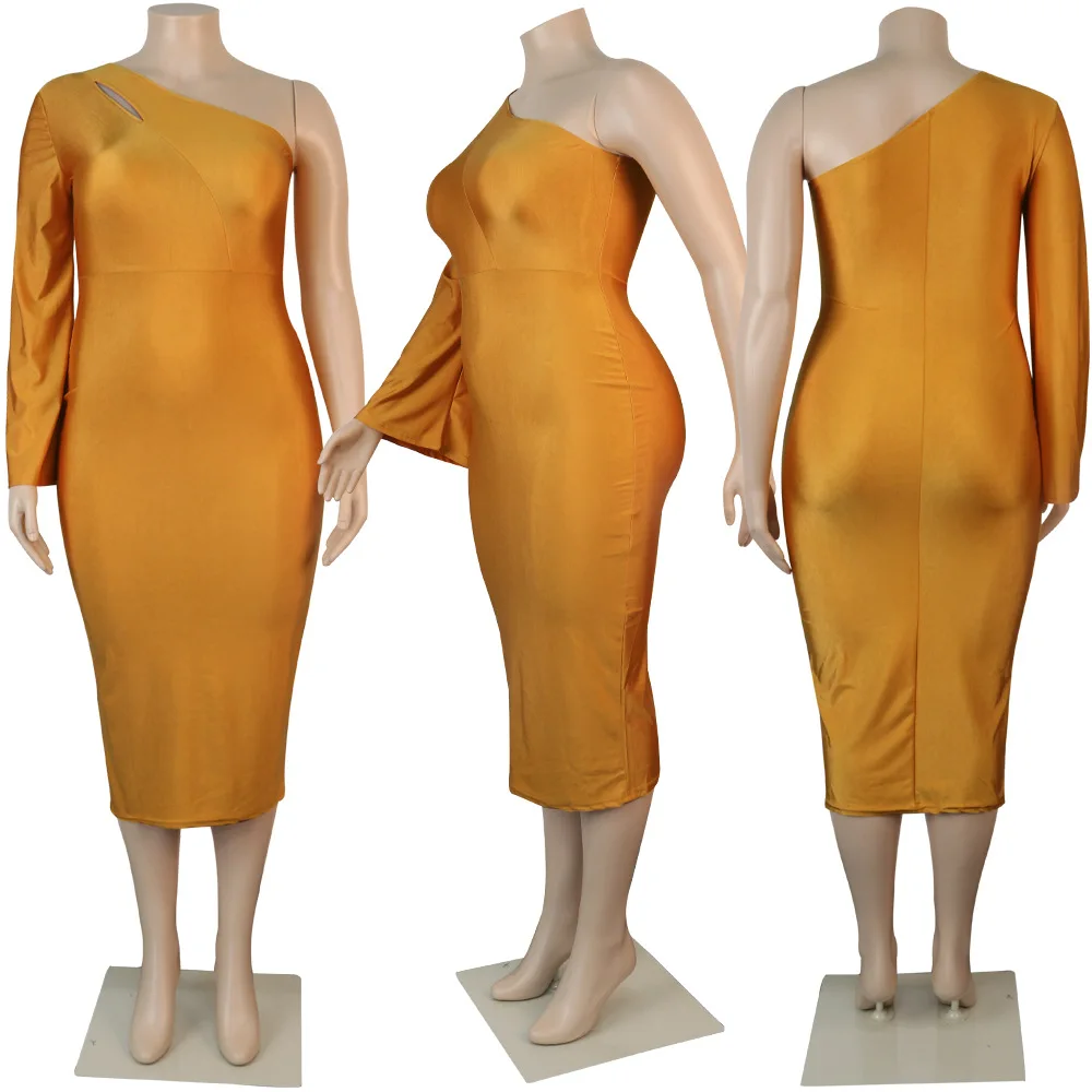 Plus Size Elegant Bodycon One Shoulder Party Dress For Women Long Sleeve Irregular Office Lady Vestidos Banquet Designer Robes
