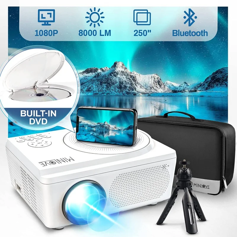 

AWIND Portable Bluetooth 5.0 Projector Built-in DVD Player Native 1080P Full HD DVD Projector, Mini Outdoor Movie Projector