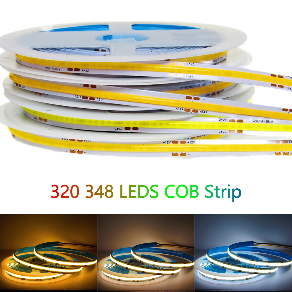 DC 12V 24V FOB COB LED Strip Light Flexible Tape Diode High Density Soft 320 384Led/M 0.5m 1m 2m 3m 4m 5m For Kitchen Room Decor