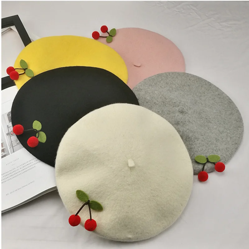 

Children's Adult Cherry Beret Autumn and Winter Warm Girl Pure Color Cute Japanese Handmade Fashion Parent-child Painter Hat