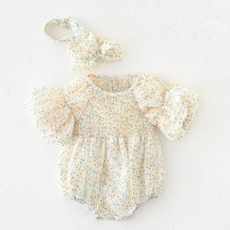 

Baby Summer Clothes Newborn Baby Girl Floral Bodysuit Cotton Short Puff Sleeve Infant Romper Headband Toddler Korean Clothings