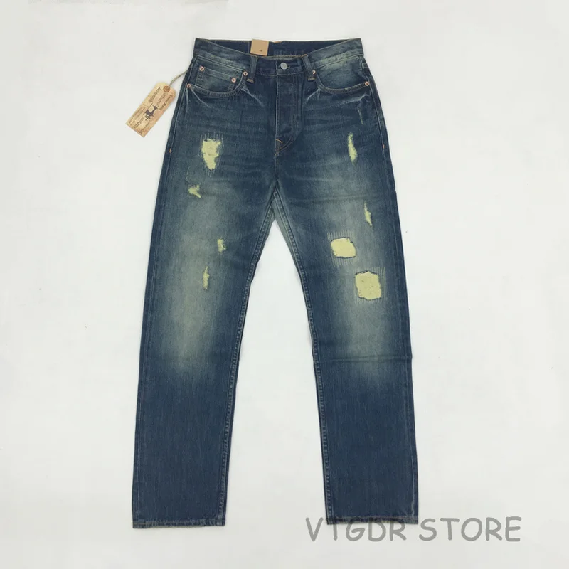

Мужские прямые джинсы BOB DONG, черные винтажные рваные брюки с заплатками, 14 унций, 2019
