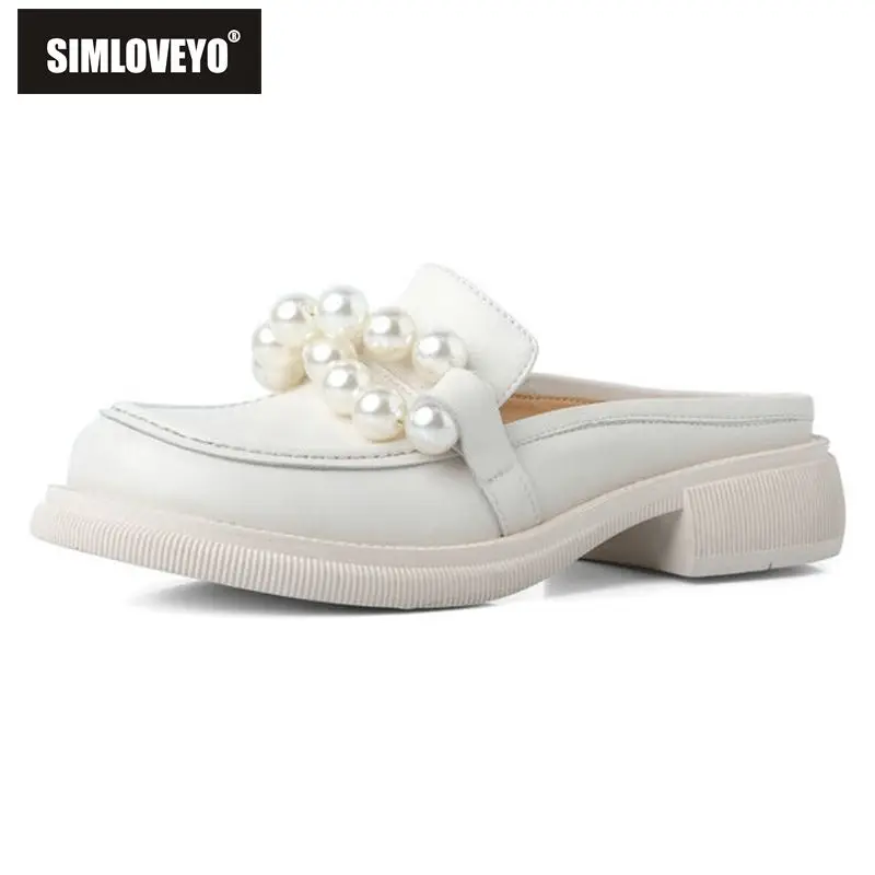 

SIMLOVEYO 2022 Genuine Leather Women's Outdoor Slippers Mules Round Toe Pearls Size 36-40 Solid Beige Black Leisure Spring S3673