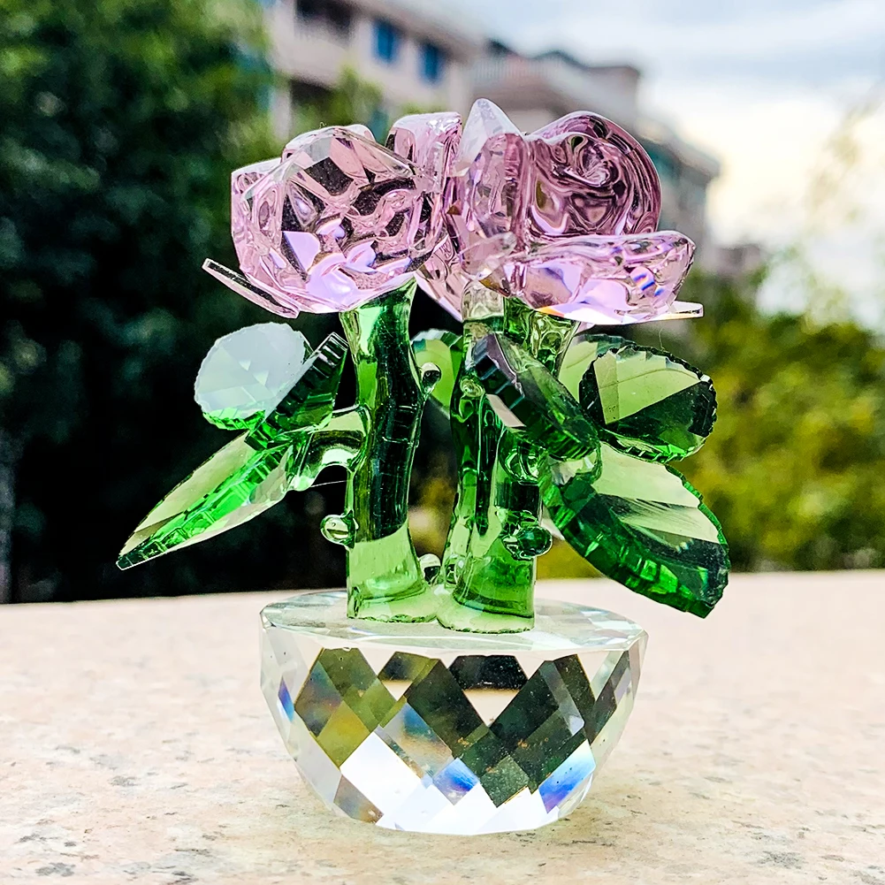 

Leaves Crystal Craft Pink Rose Flower Faceted Prism Glass Suncatcher Ornaments Figurines Miniatures Wedding Core Home Decor Gift