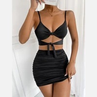 black backless bodycon dress women sexy cut out mini robe femme v neck lace up folds vestidos spaghetti strap summer clothes xs