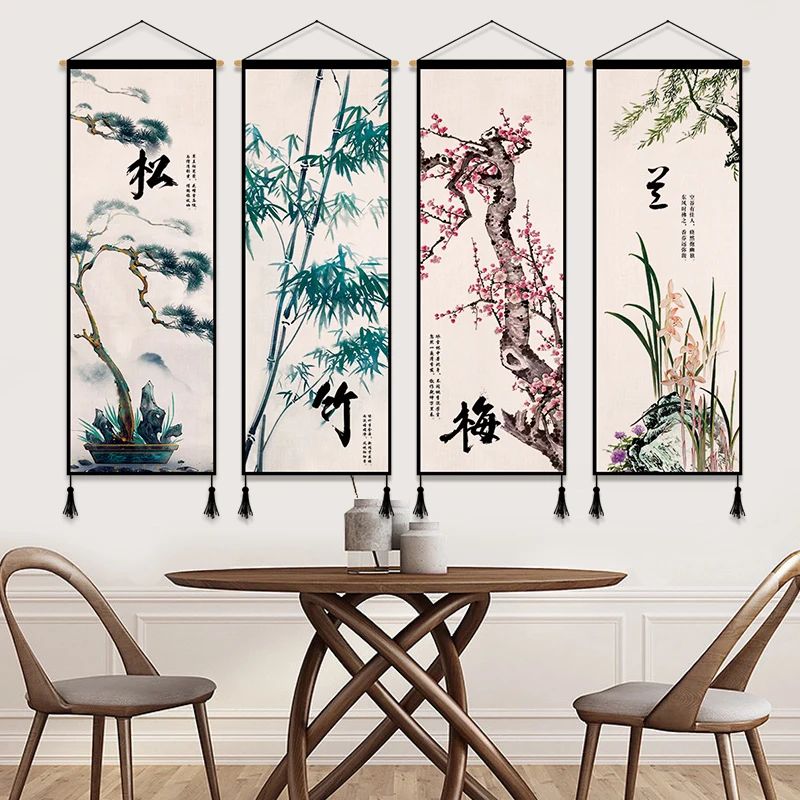 

Chinese Ink Painting Bamboo Scroll Paintings Vintage Home Office Decor Canvas Printed Poster Plum Blossom Wall Hanging Art